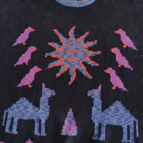 90S Loop Knitwear Black And Purple Aztec Camel Birds Crew Neck Sweater Medium - Picture 6 of 11